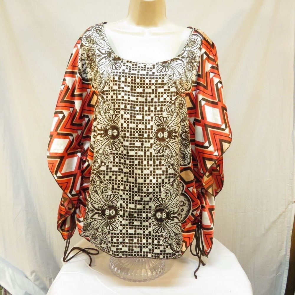 Heart Soul Tunic Top Boho Chic Orange Brown White Geometric Paisley Kaftan 2X